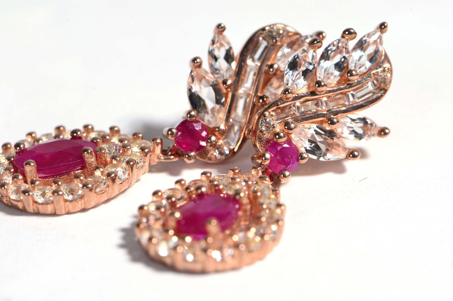 Ruby Zircon Earrings, Rose Gold Over Sterling Silver Leaf Design