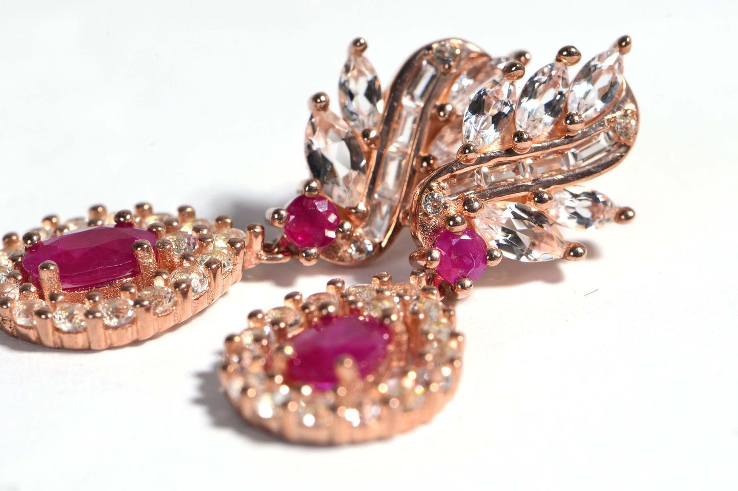 Ruby Zircon Earrings, Rose Gold Over Sterling Silver Leaf Design