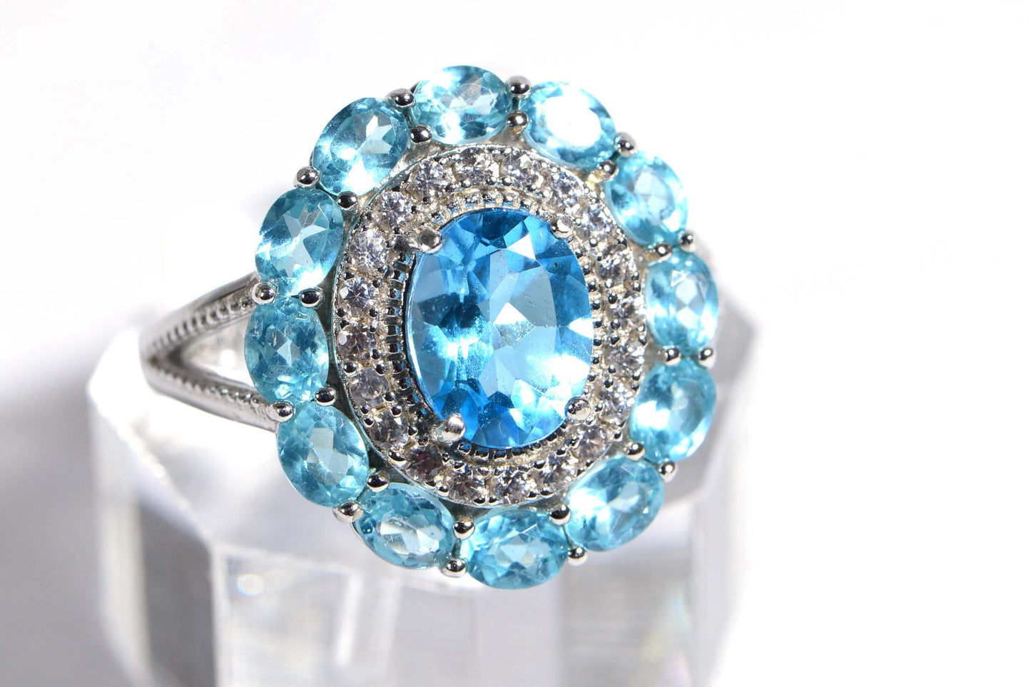 Vintage Oval Aquamarine Ring, Sterling Silver Multi Stone Halo