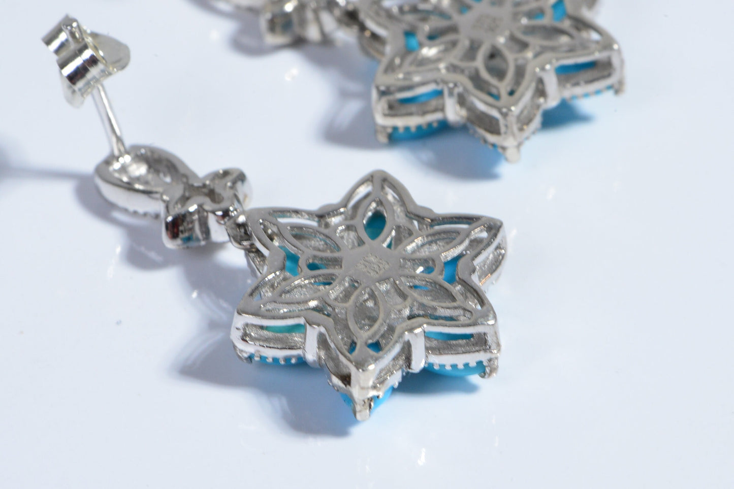 Sleeping Beauty Turquoise Flower Earrings, Zircon Sterling Silver Hoops