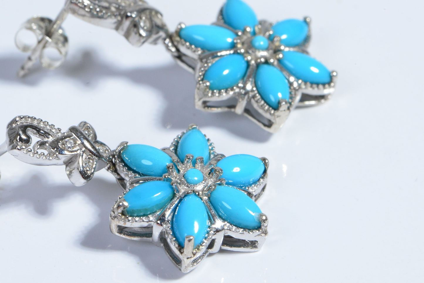 Sleeping Beauty Turquoise Flower Earrings, Zircon Sterling Silver Hoops
