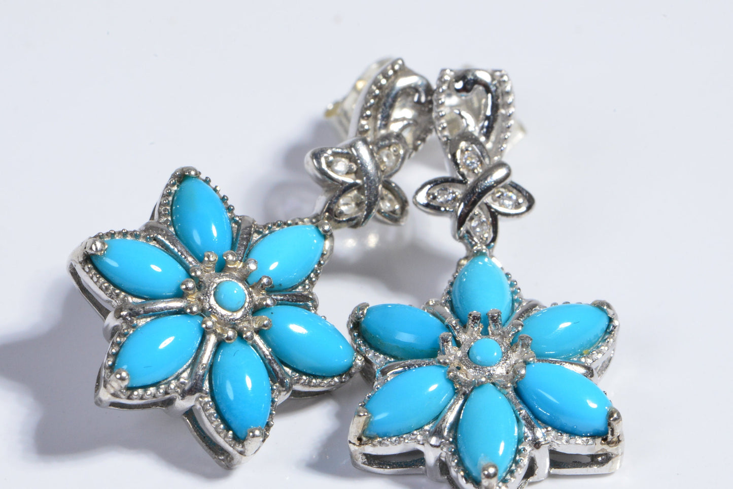 Sleeping Beauty Turquoise Flower Earrings, Zircon Sterling Silver Hoops