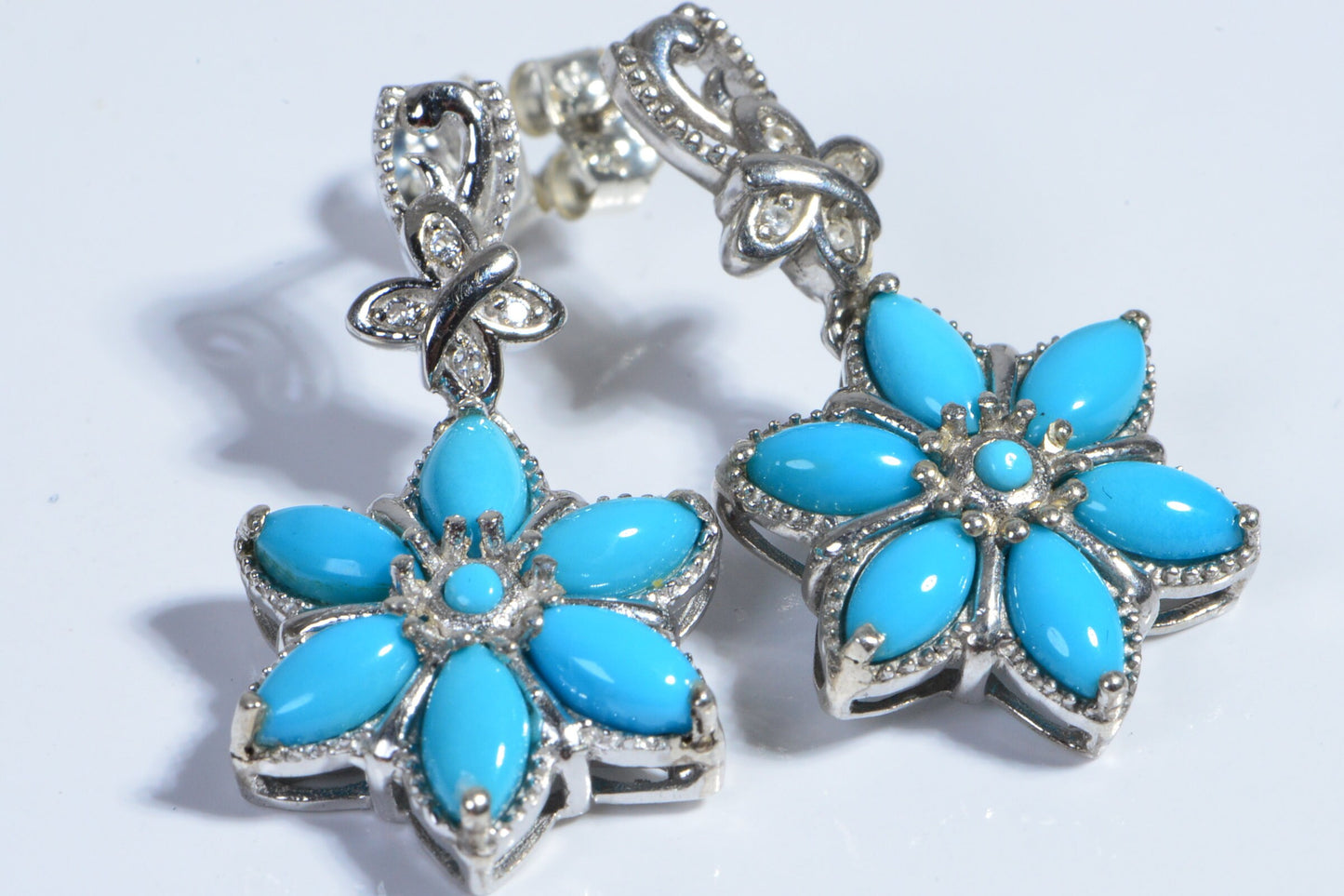 Sleeping Beauty Turquoise Flower Earrings, Zircon Sterling Silver Hoops