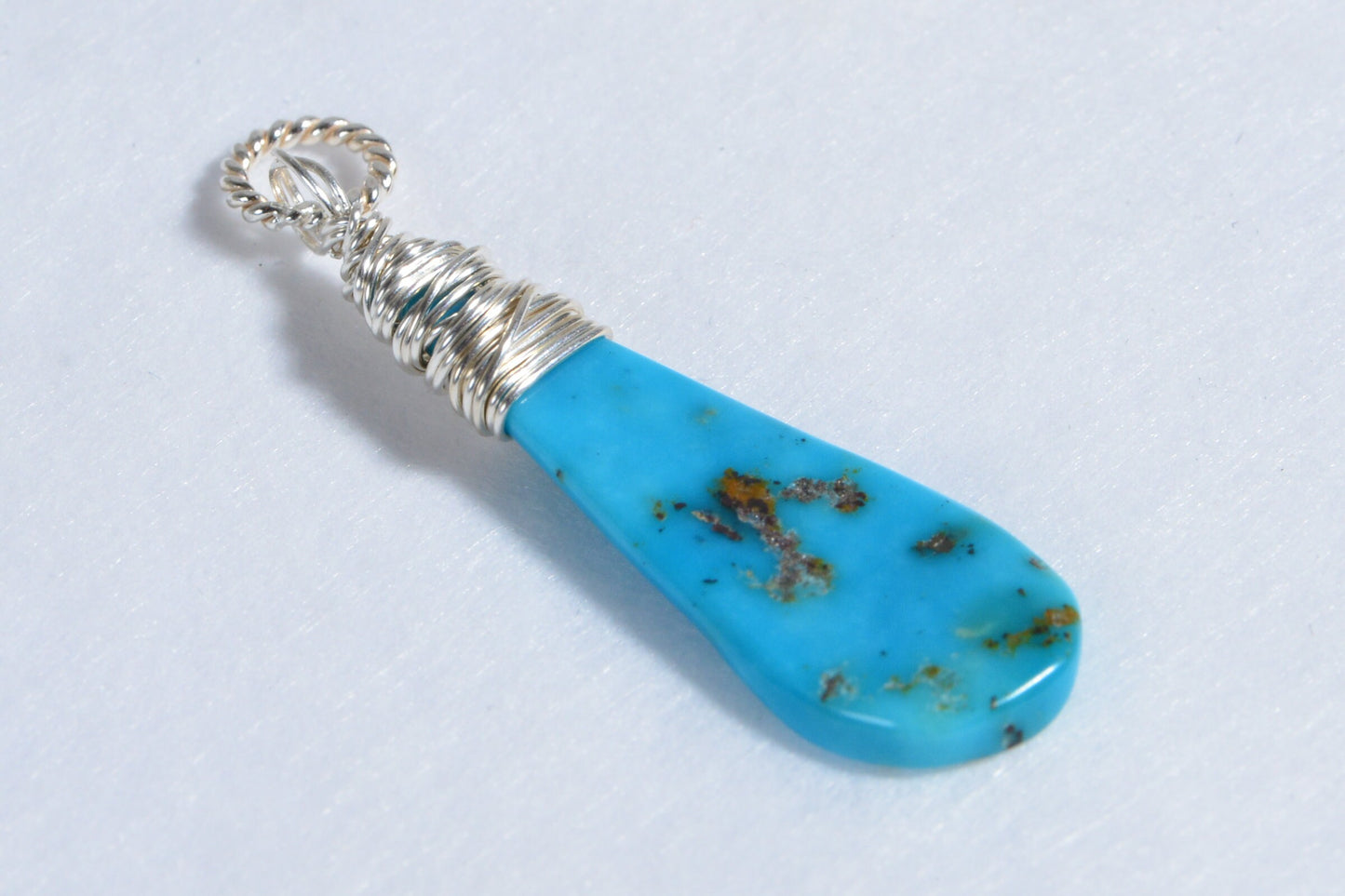 Raw Slab Arizona Sleeping Beauty Turquoise Drop Pendant Wire Wrapped Sterling silver Birthstone Charm