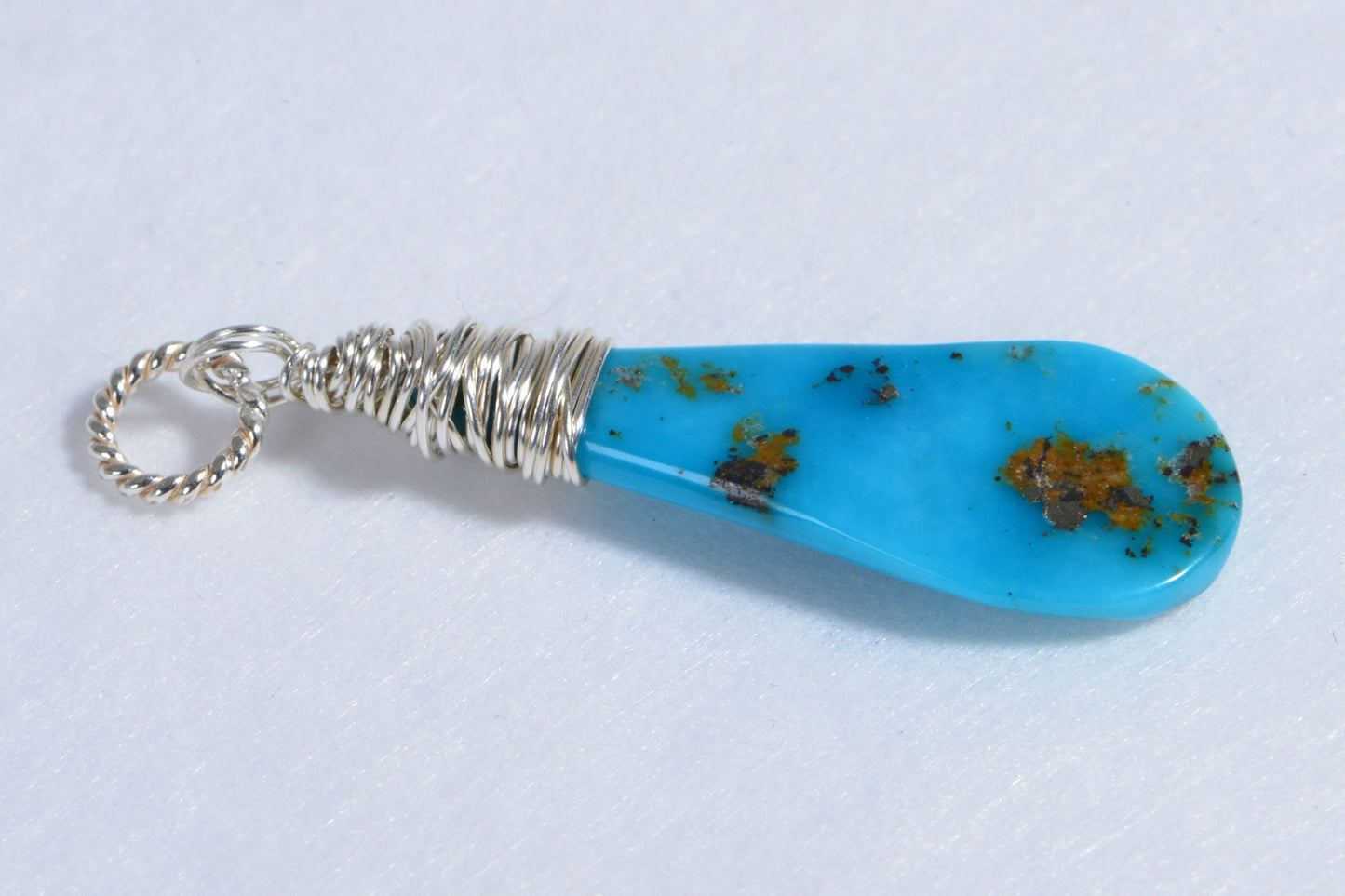 Raw Slab Arizona Sleeping Beauty Turquoise Drop Pendant Wire Wrapped Sterling silver Birthstone Charm