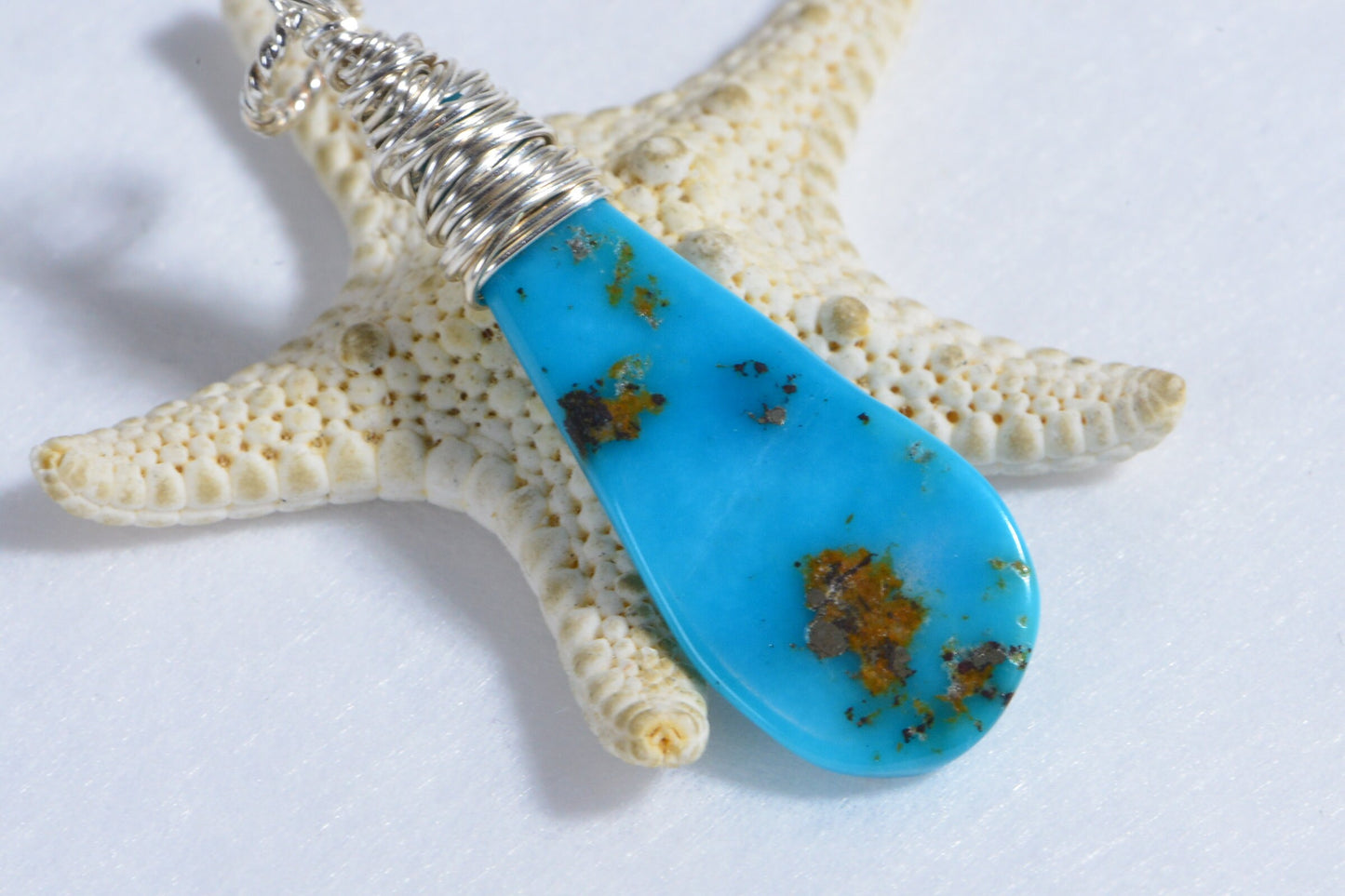 Raw Slab Arizona Sleeping Beauty Turquoise Drop Pendant Wire Wrapped Sterling silver Birthstone Charm