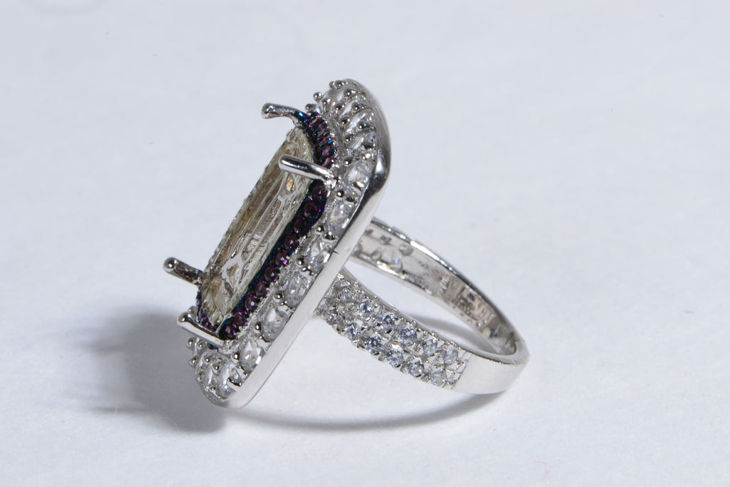 Sterling Silver Cushion Stone Ring: Halo Diamond & Garnet, US 8.25