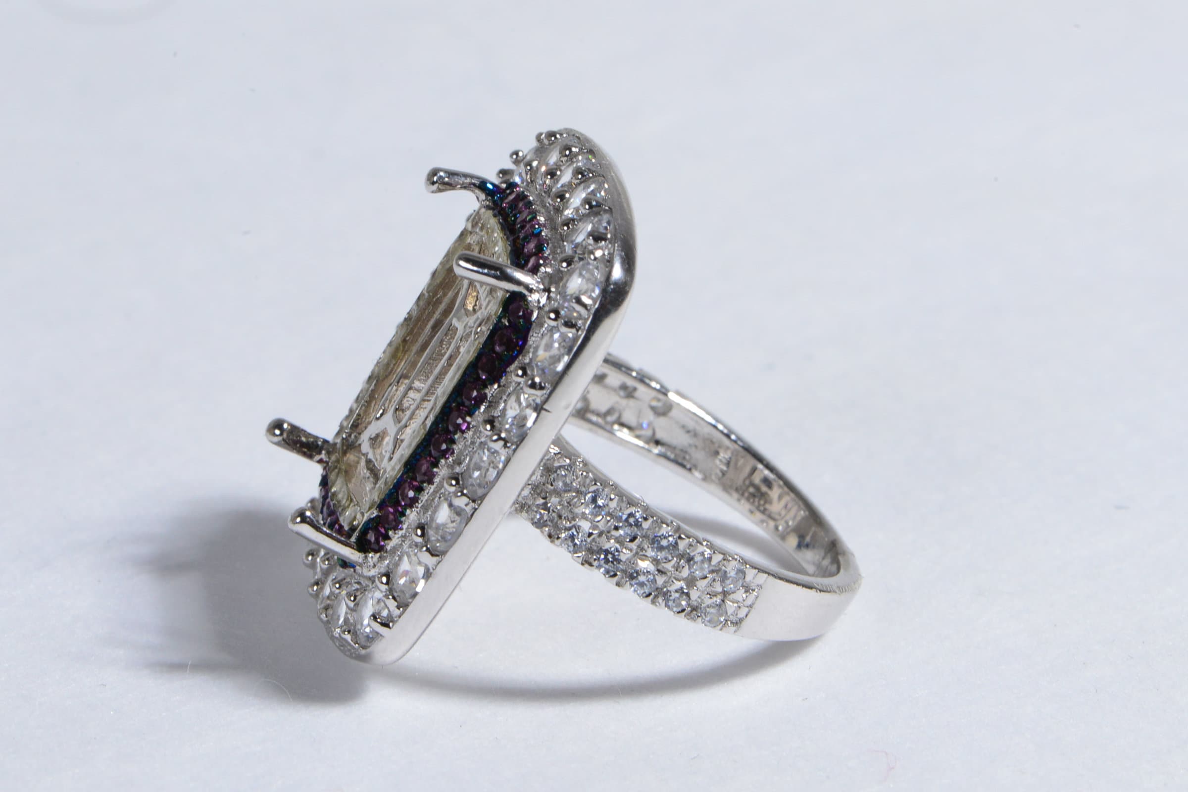 Sterling Silver Cushion Stone Ring: Halo Diamond & Garnet, US 8.25