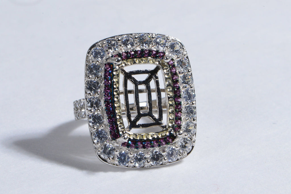 Sterling Silver Cushion Stone Ring: Halo Diamond & Garnet, US 8.25