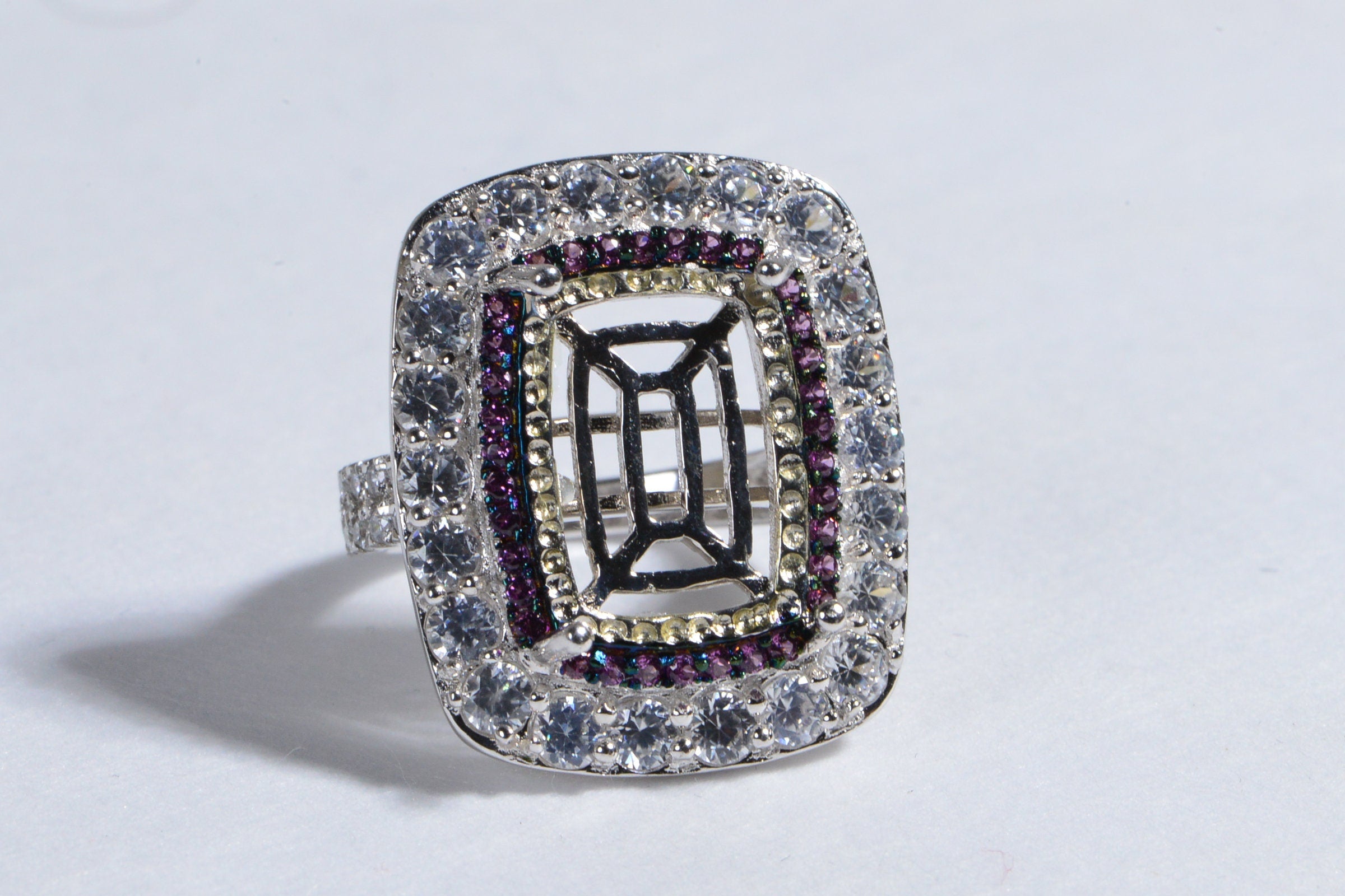 Sterling Silver Cushion Stone Ring: Halo Diamond & Garnet, US 8.25