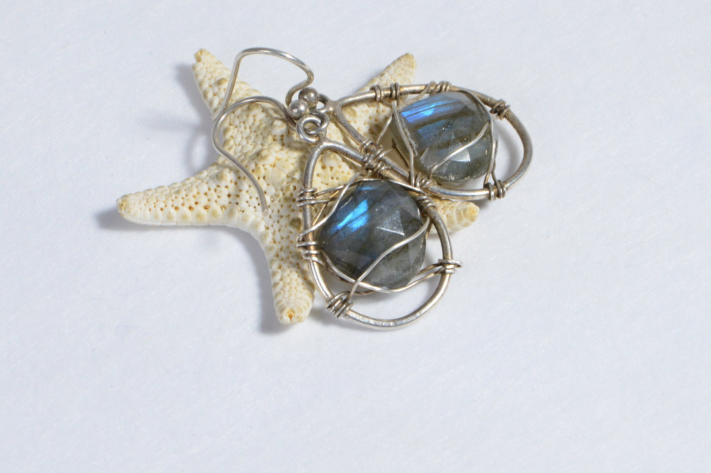 Blue Flash Labradorite Sterling Silver Wire Wrapped Earrings Hand Made Gift