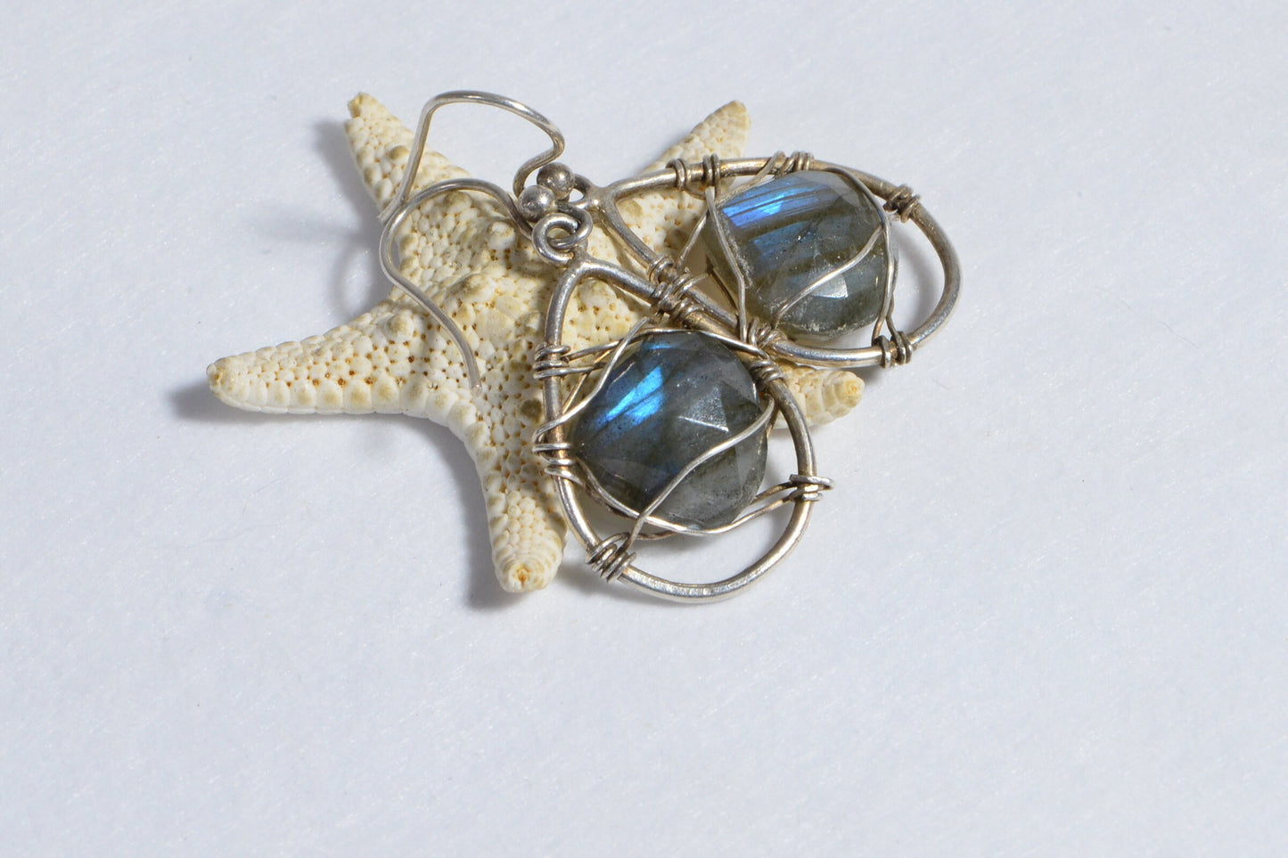 Blue Flash Labradorite Sterling Silver Wire Wrapped Earrings Hand Made Gift