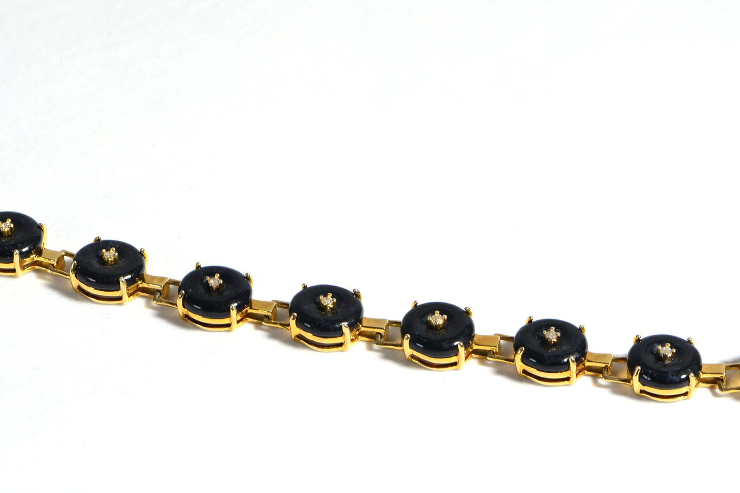 Natural Black Jade 14K Yellow Gold Over Sterling Silver Tennis Bracelet Vintage Jewelry