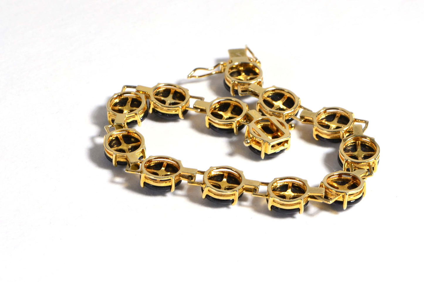 Natural Black Jade 14K Yellow Gold Over Sterling Silver Tennis Bracelet Vintage Jewelry