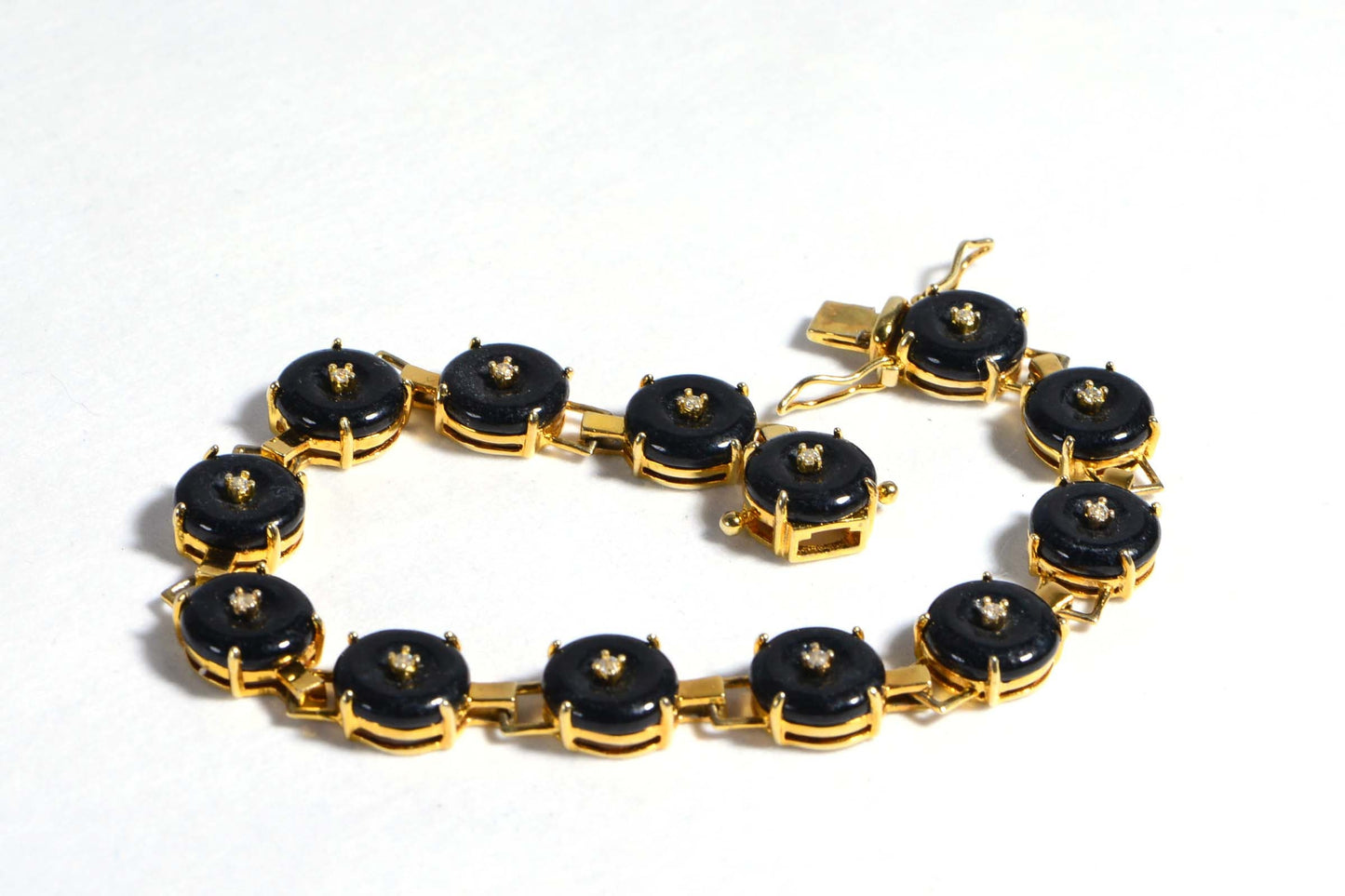 Natural Black Jade 14K Yellow Gold Over Sterling Silver Tennis Bracelet Vintage Jewelry