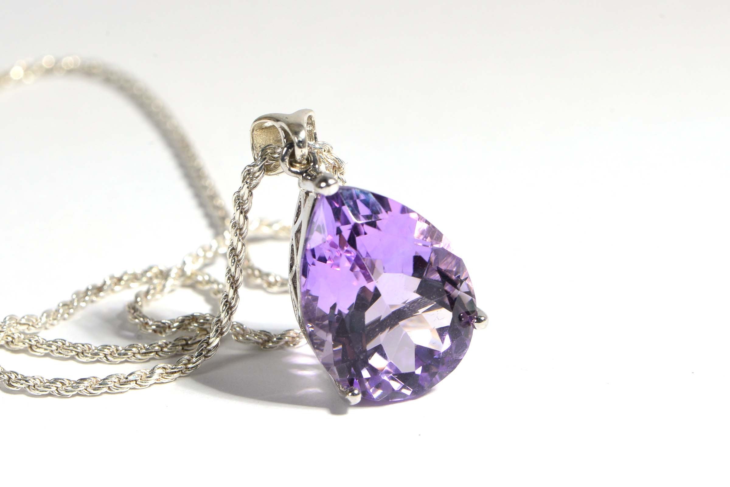 Natural Rose De France Amethyst Large Necklace Pendant Rhodium Over Sterling Silver Birthstone February