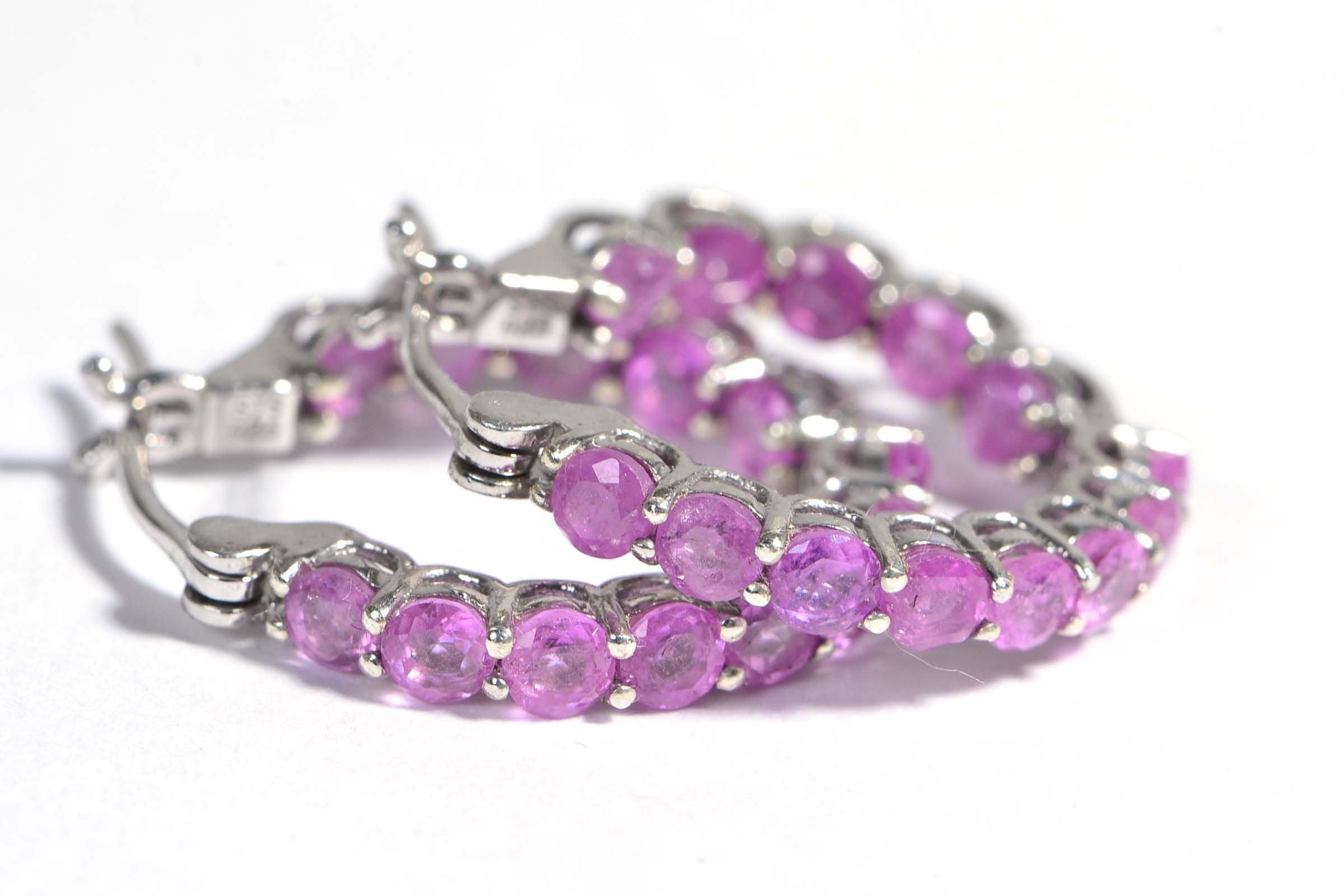 Pink Sapphire Hoop Earrings & Ring Set: Sterling Silver September Birthstone