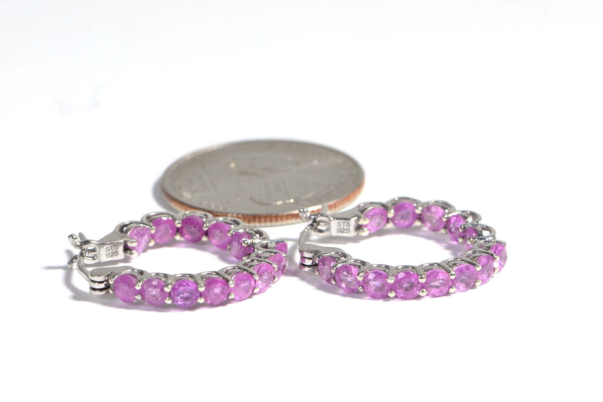Pink Sapphire Hoop Earrings & Ring Set: Sterling Silver September Birthstone