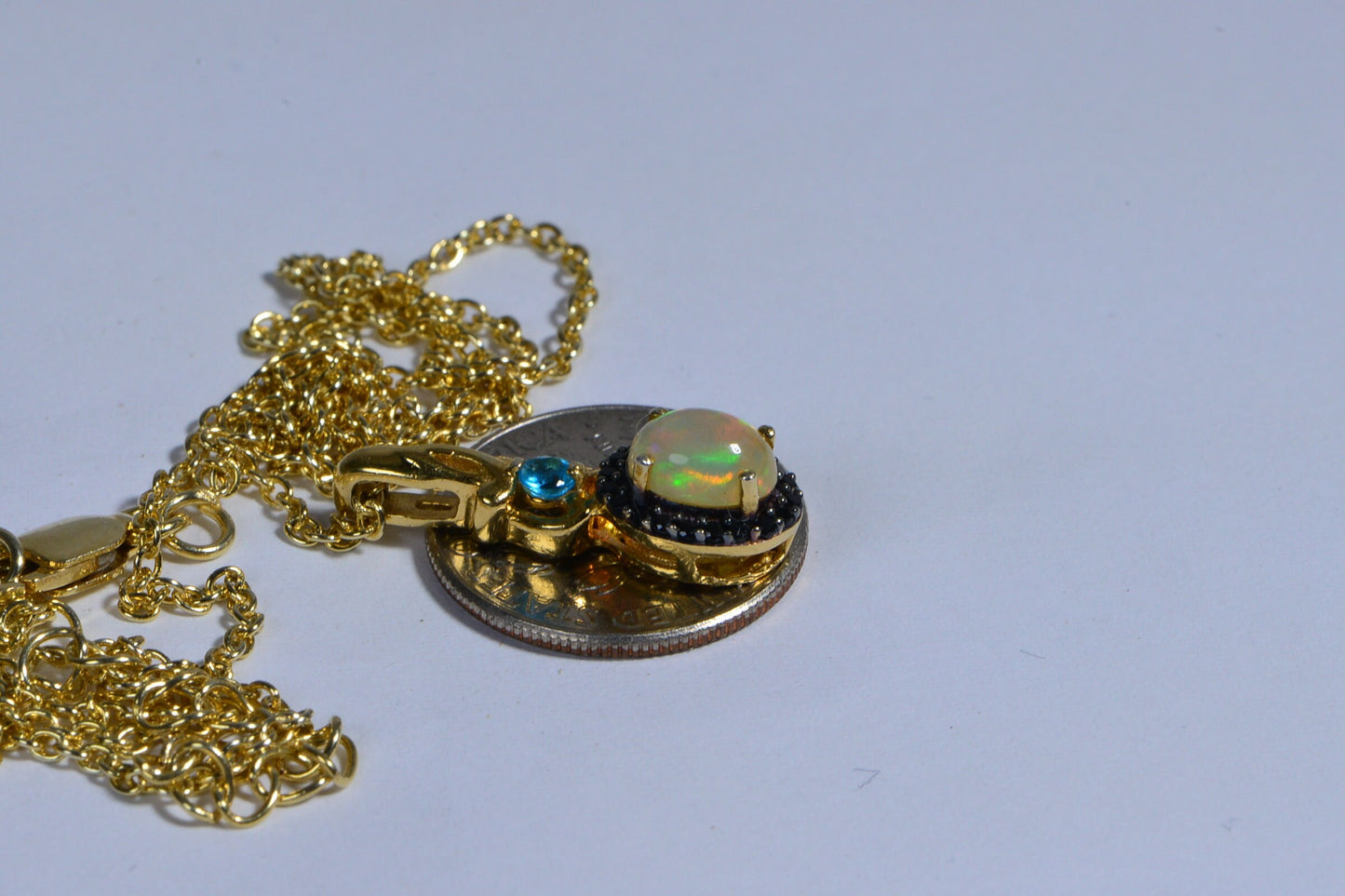 Ethiopian Welo Opal Pendant Necklace, Black Spinel, 14K Yellow Gold Over Sterling Silver