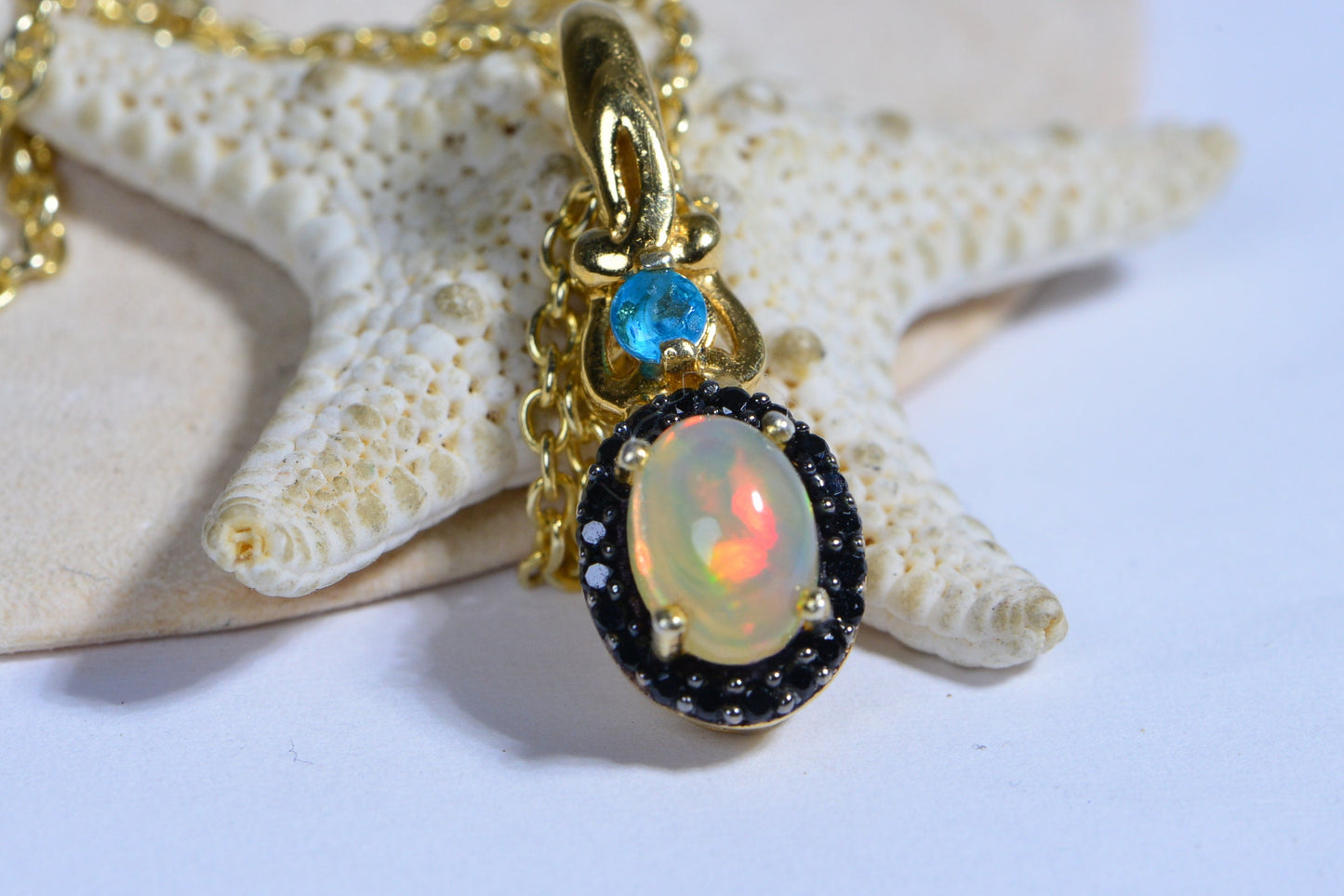 Ethiopian Welo Opal Pendant Necklace, Black Spinel, 14K Yellow Gold Over Sterling Silver