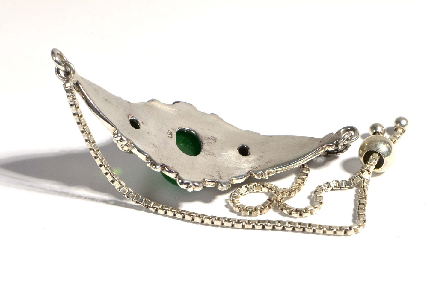 Green Jade Sterling Silver Bolo Bracelet - Chrome Diaspore Leaf Design