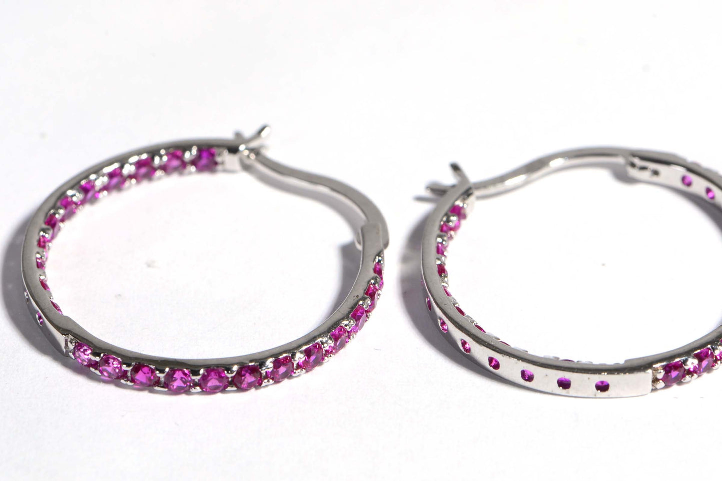 Sterling Silver Hoop Earrings with Hot Pink Simulated Rubies