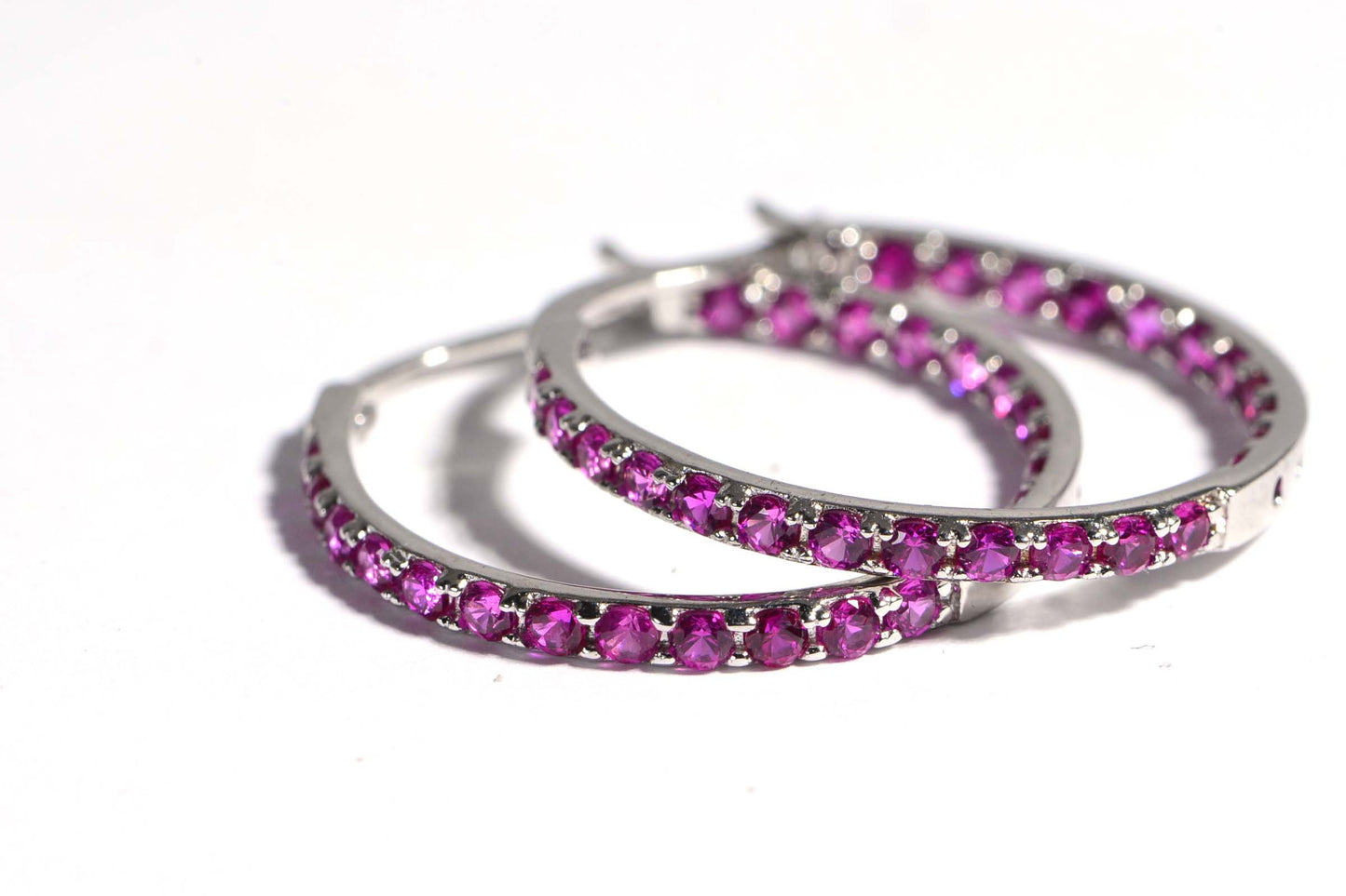 Sterling Silver Hoop Earrings with Hot Pink Simulated Rubies