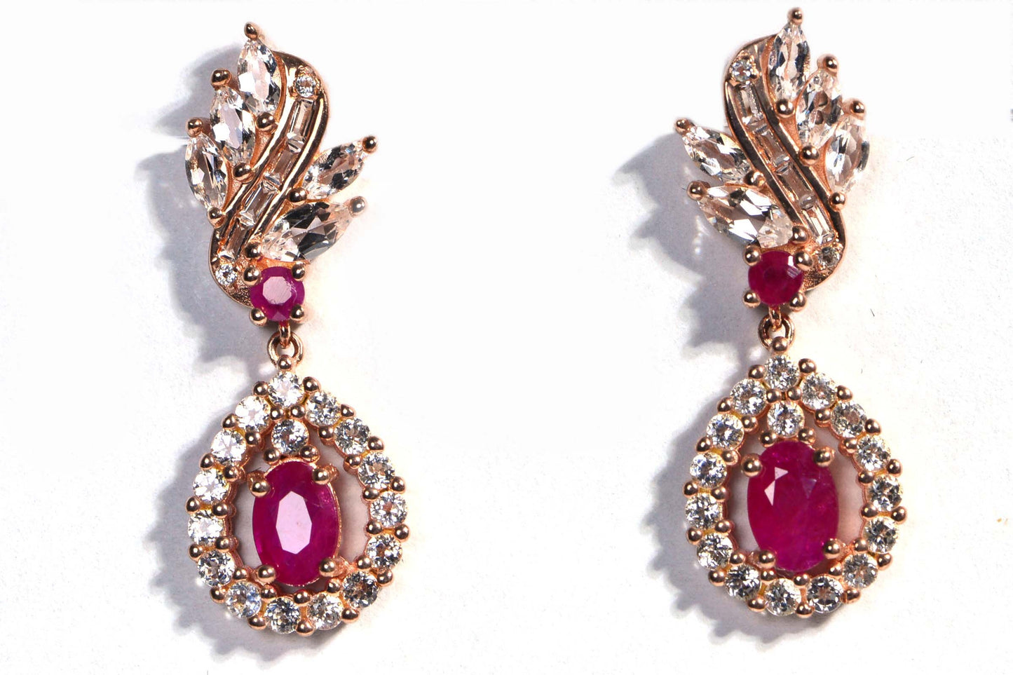 Ruby Zircon Earrings, Rose Gold Over Sterling Silver Leaf Design