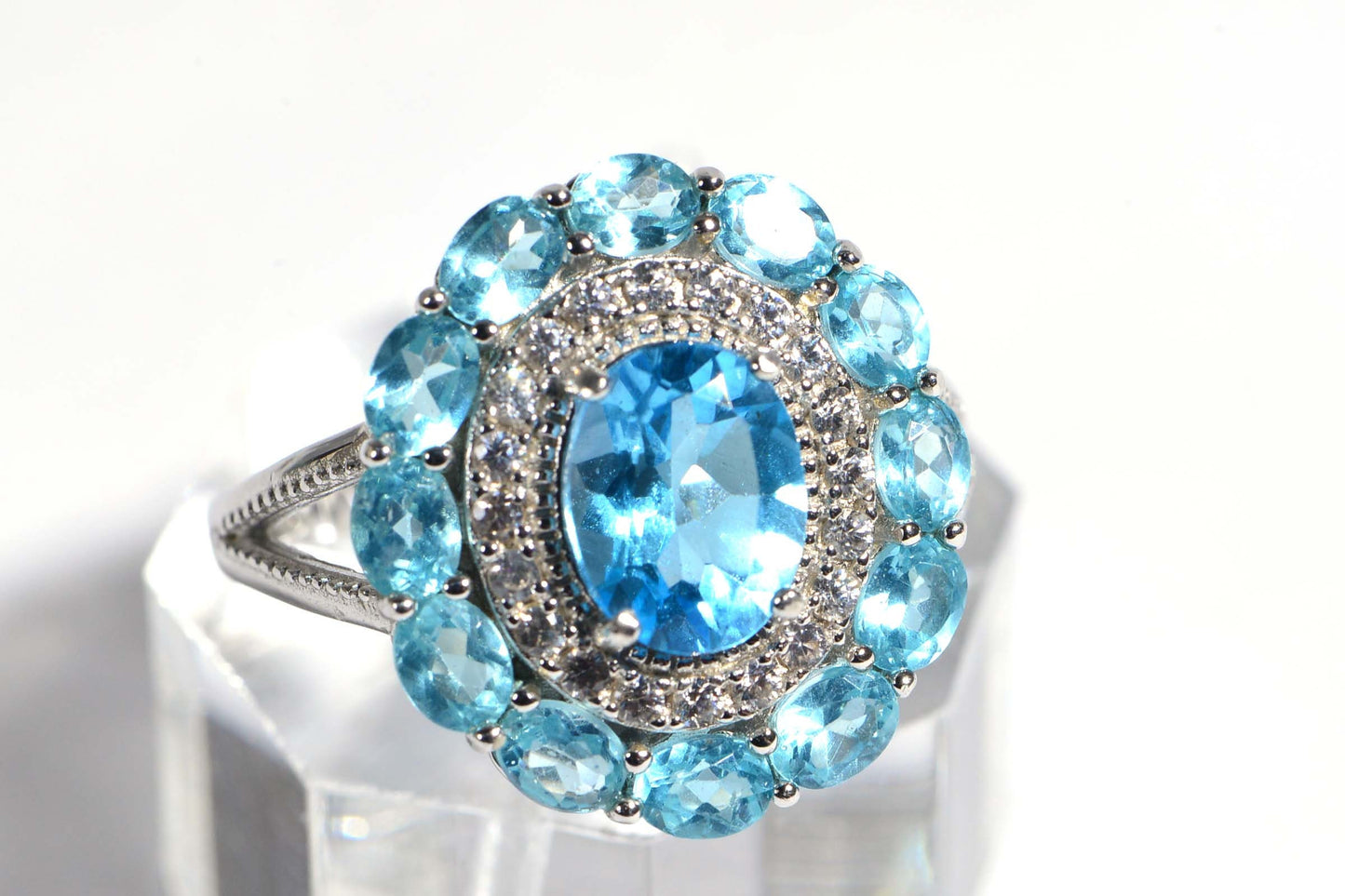 Vintage Oval Aquamarine Ring, Sterling Silver Multi Stone Halo