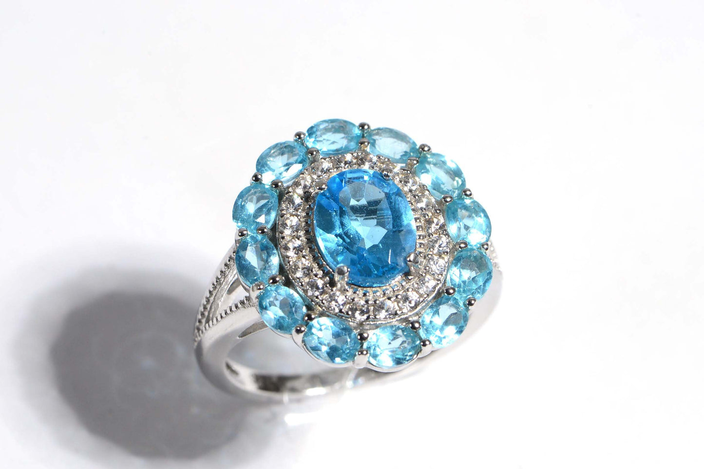 Vintage Oval Aquamarine Ring, Sterling Silver Multi Stone Halo