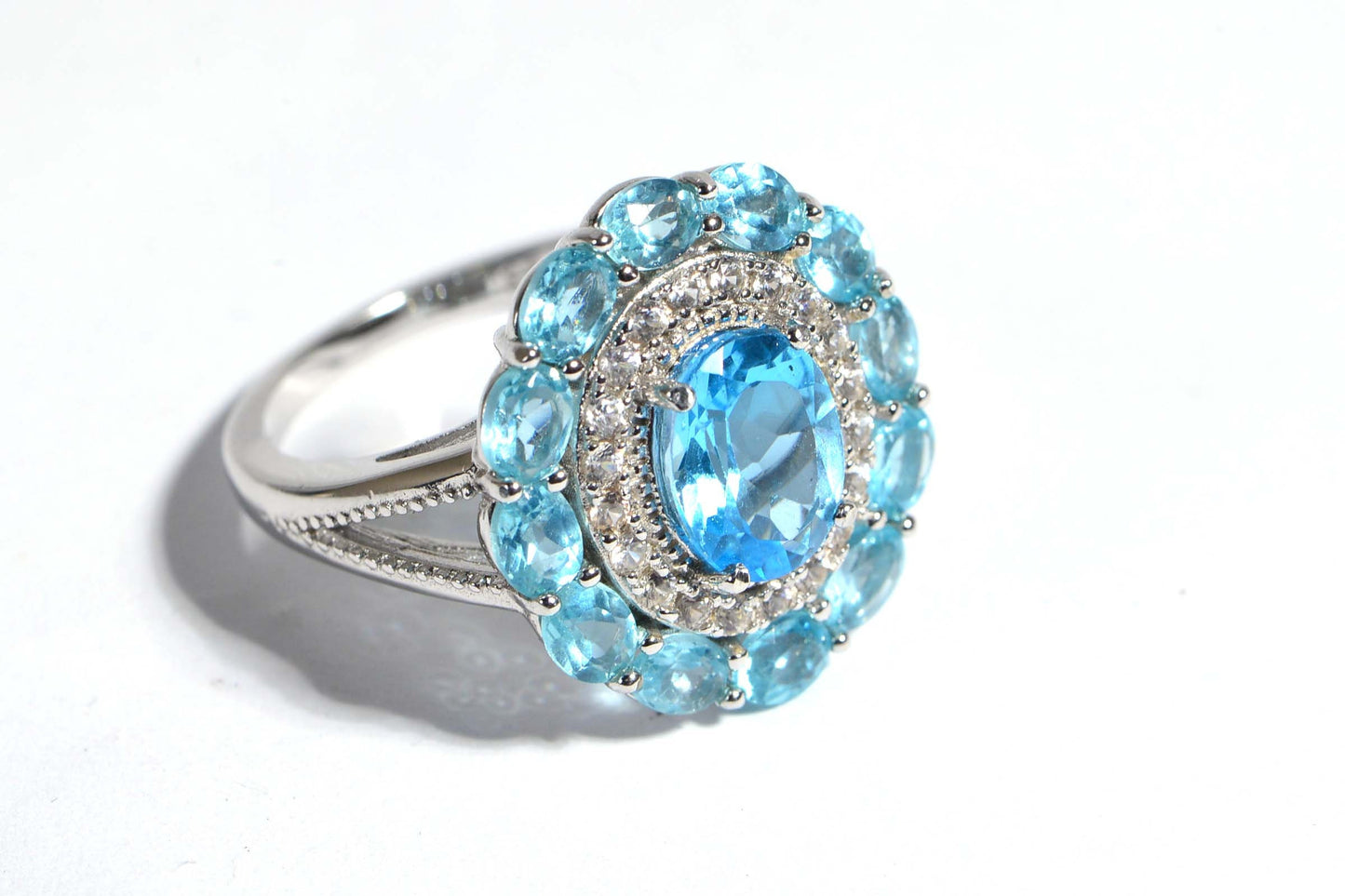 Vintage Oval Aquamarine Ring, Sterling Silver Multi Stone Halo