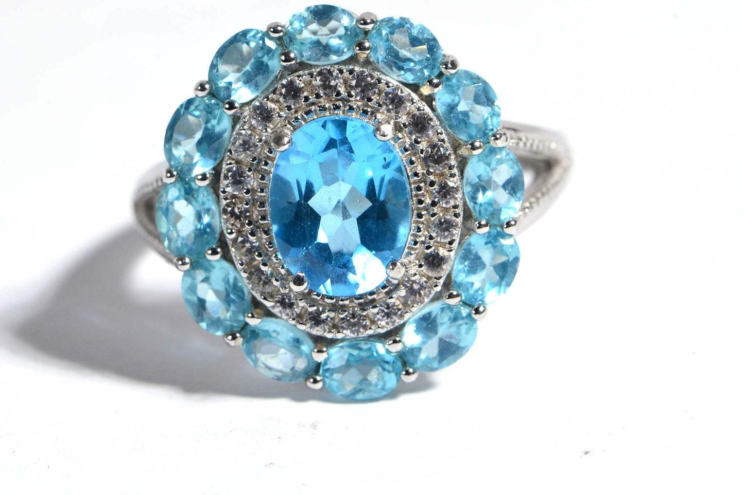 Vintage Oval Aquamarine Ring, Sterling Silver Multi Stone Halo