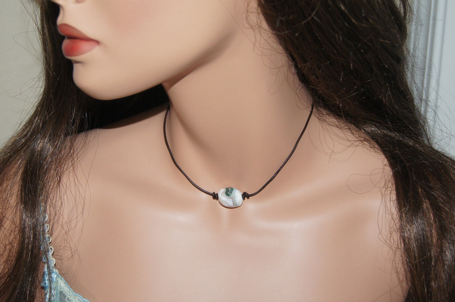 Ocean Jasper  Choker Necklace Single Bead On Leather Cord Gemstone Western Style Jewelry