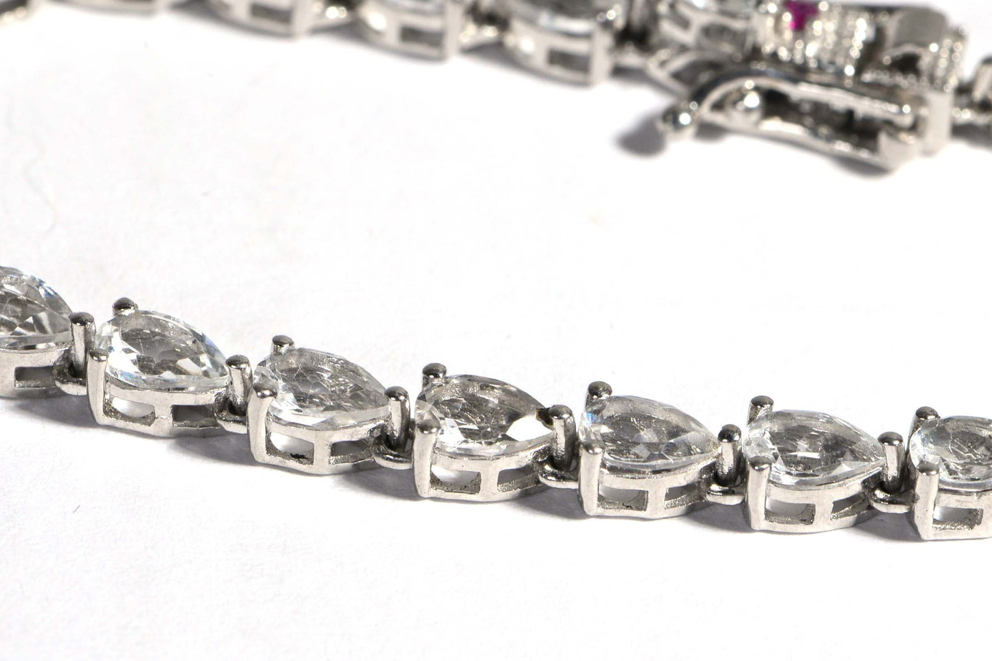 White Topaz Teardrop Bracelet, Sterling Silver Garnet Clasp, 7.25 Inch