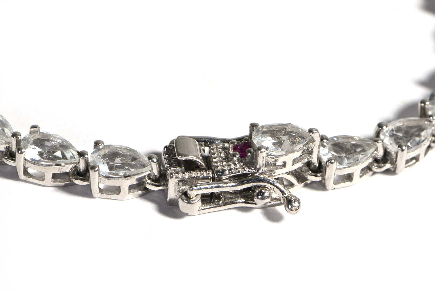White Topaz Teardrop Bracelet, Sterling Silver Garnet Clasp, 7.25 Inch