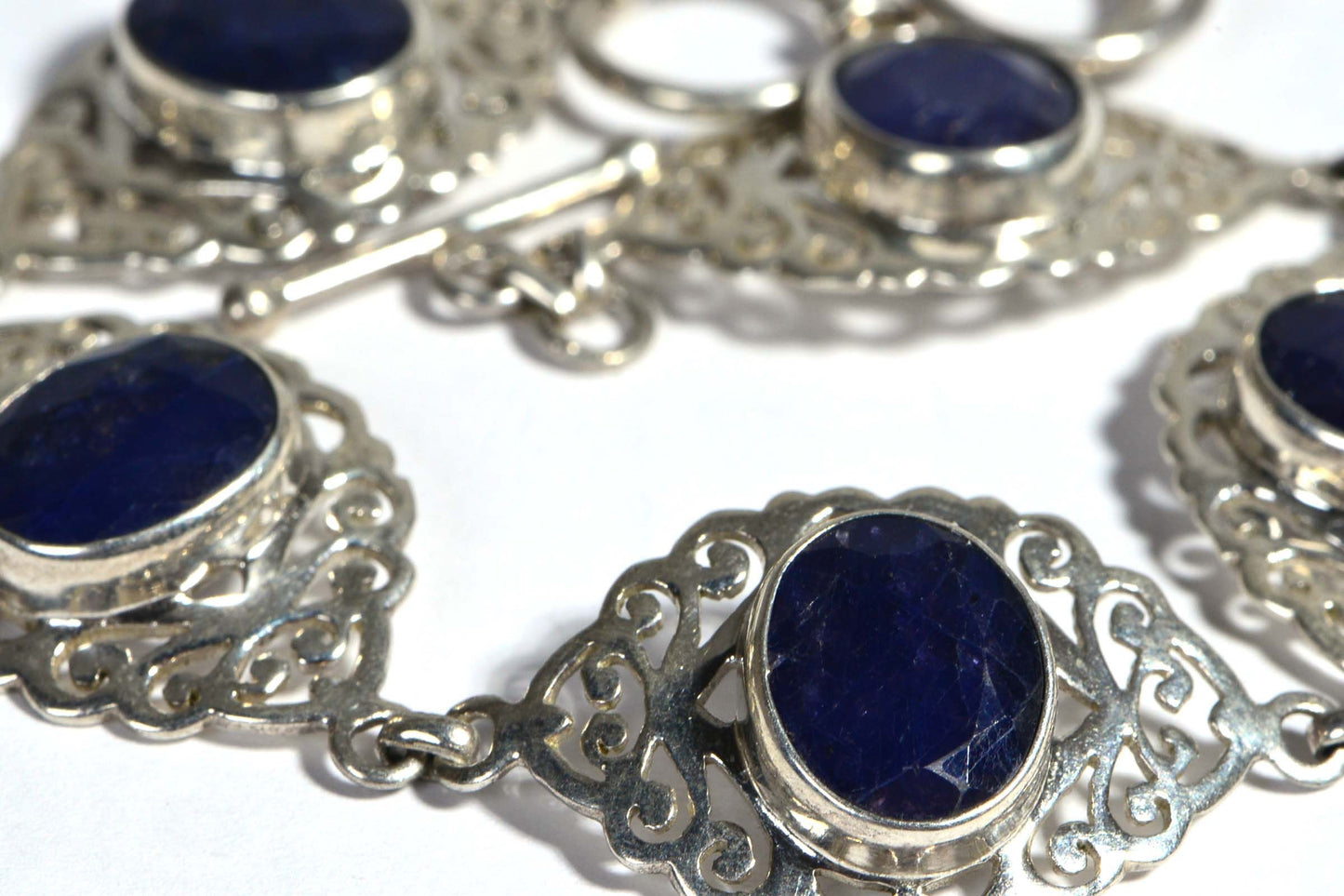 Natural Sapphire Sterling Silver Filigree Link Bracelet