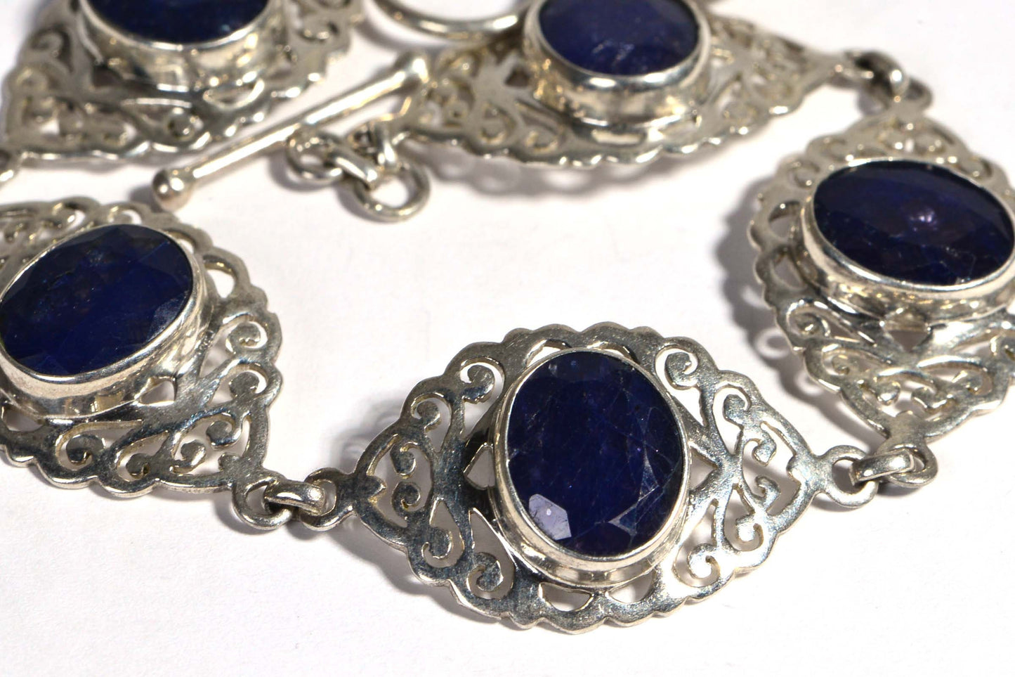 Natural Sapphire Sterling Silver Filigree Link Bracelet