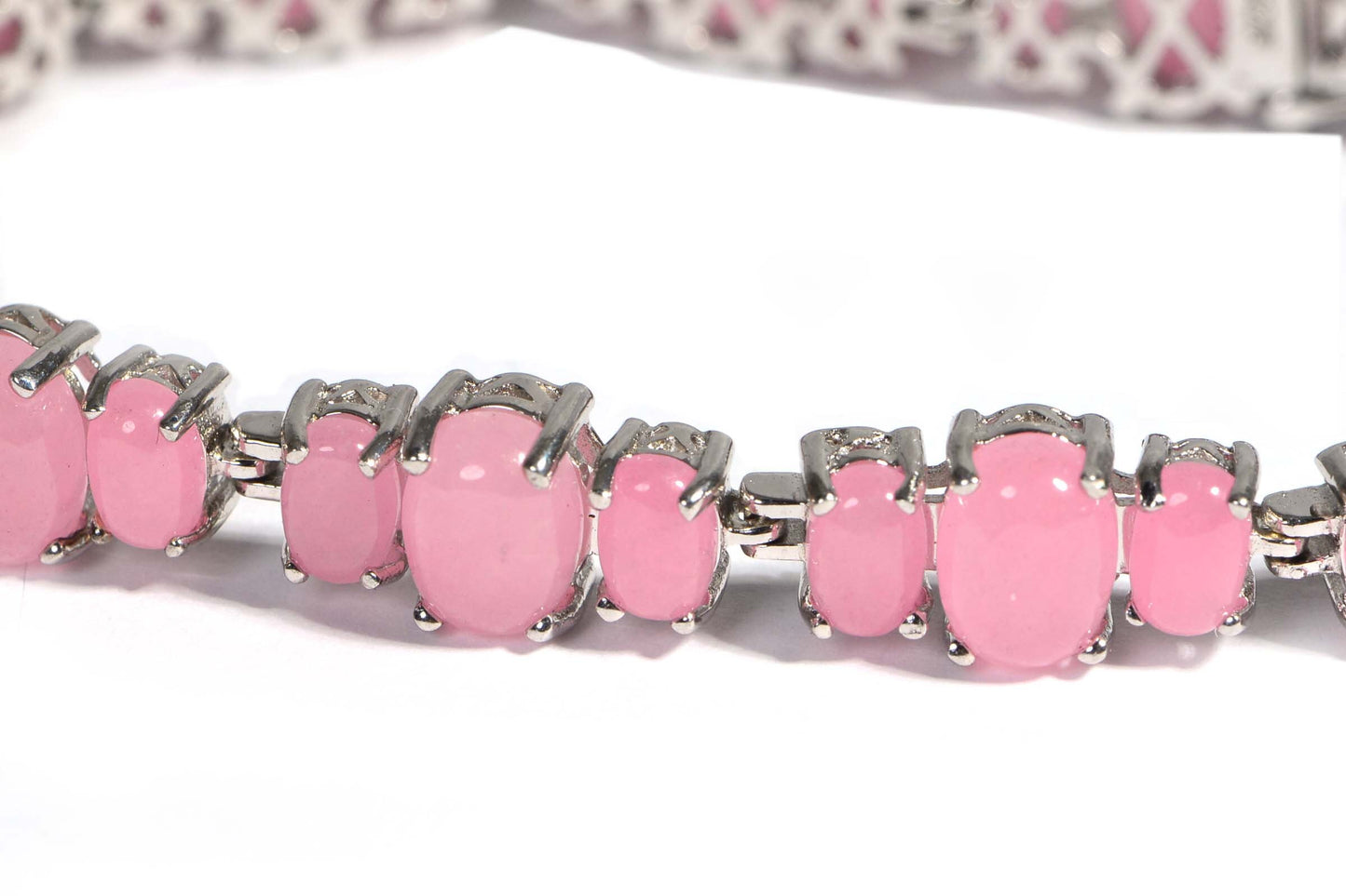 Pink Jade Sterling Silver Tennis Bracelet, Vintage Filigree