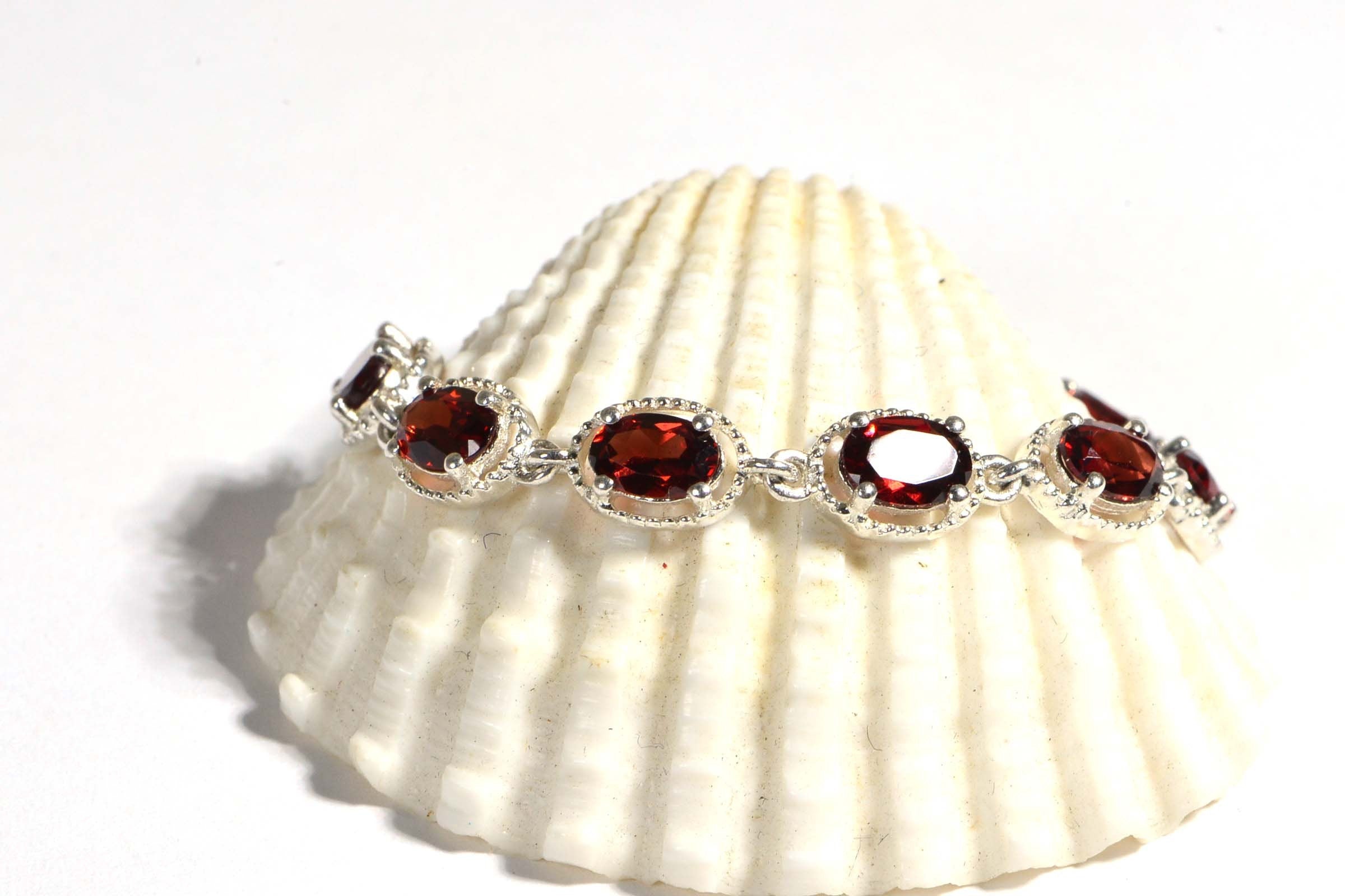 Red Garnet Chain Link For Make Bracelet Sterling Silver Oval Prong Setting connector