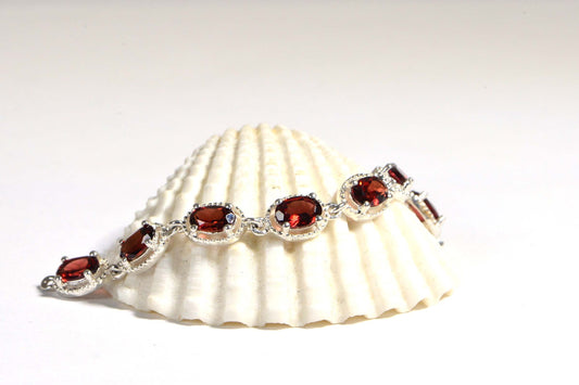 Red Garnet Chain Link For Make Bracelet Sterling Silver Oval Prong Setting connector