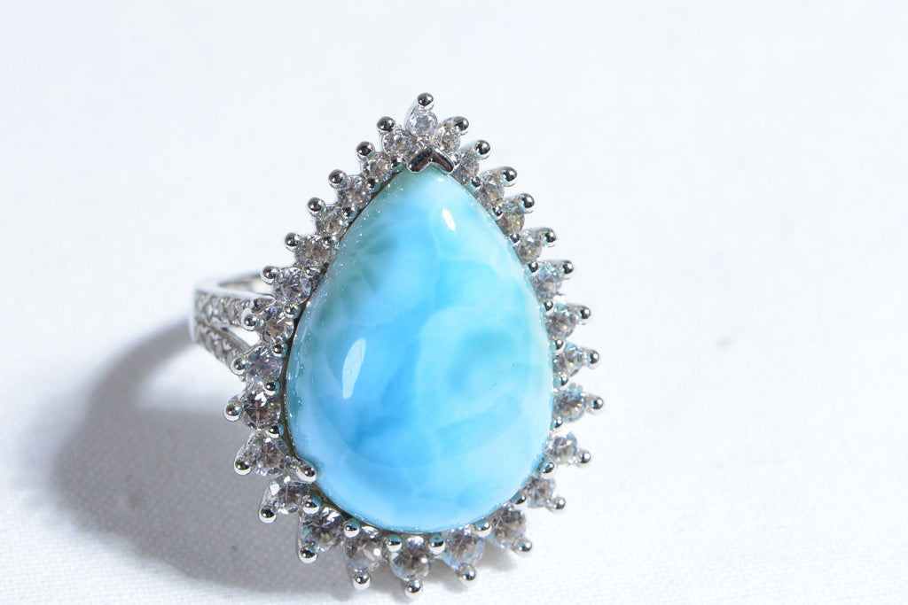 Larimar Silver Rings  Ring Size 8 Surround Diamond Accent Teardrop Large cocktail Fancy Ring