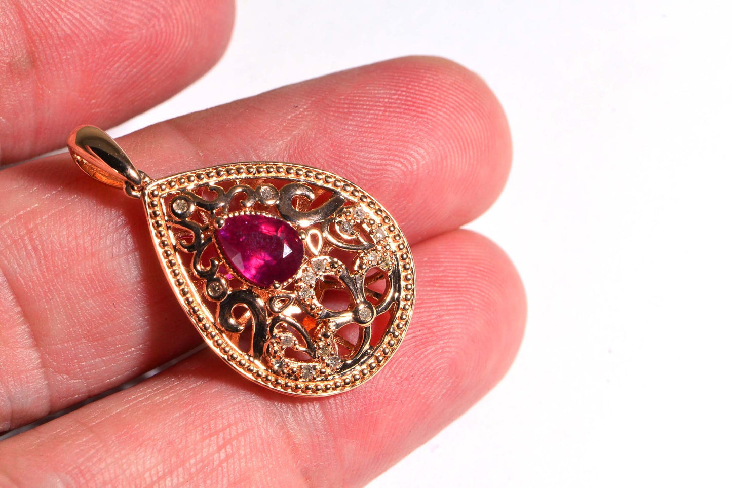Ruby Diamond Rose Gold Necklace, Filigree Teardrop Pendant