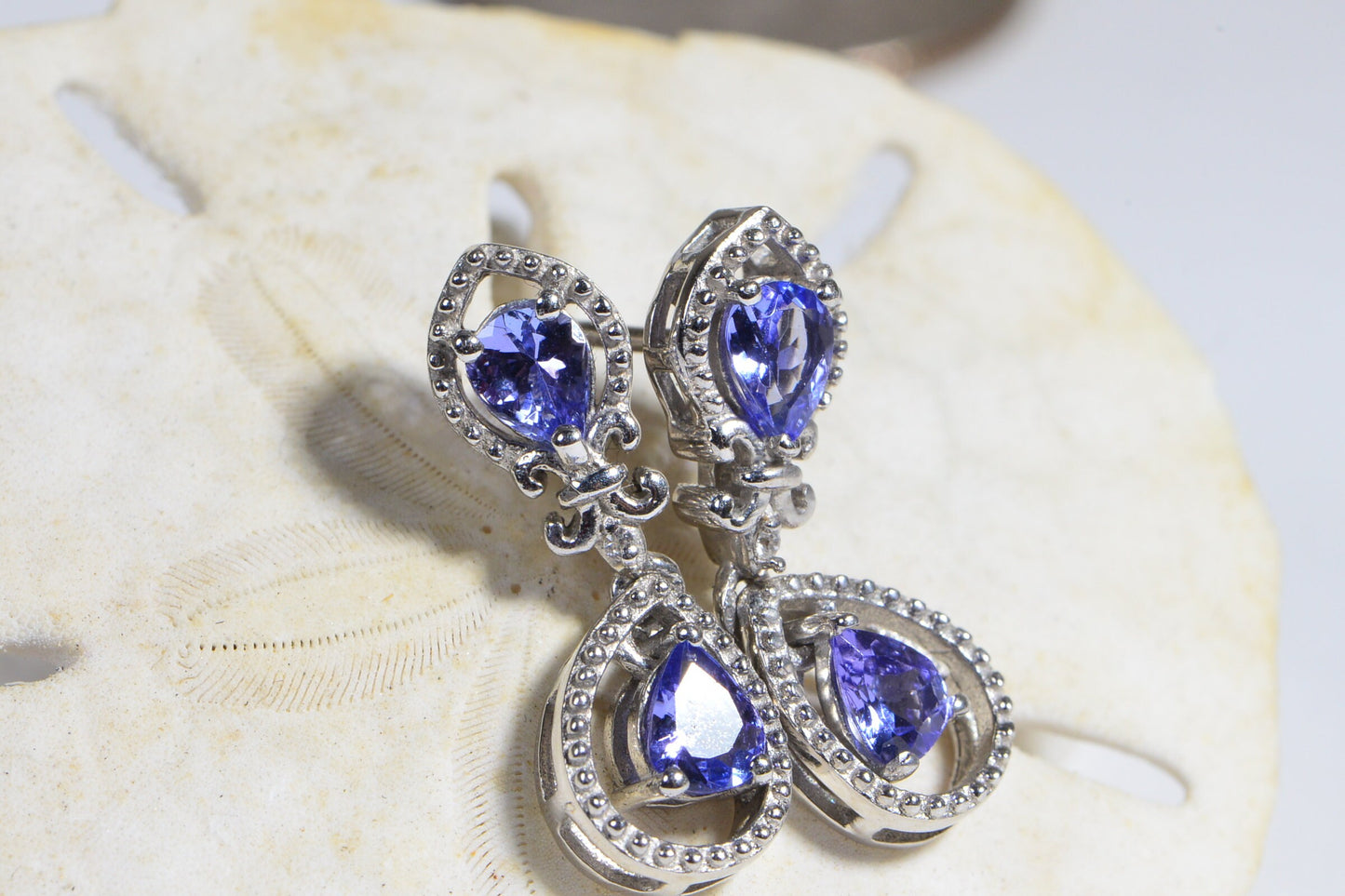 Tanzanite Dangle Earrings, Fleur De Lis Teardrop Studs, December Birthstone