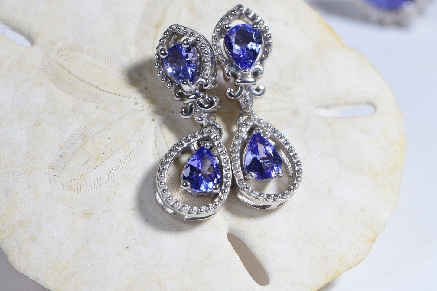 Tanzanite Dangle Earrings, Fleur De Lis Teardrop Studs, December Birthstone