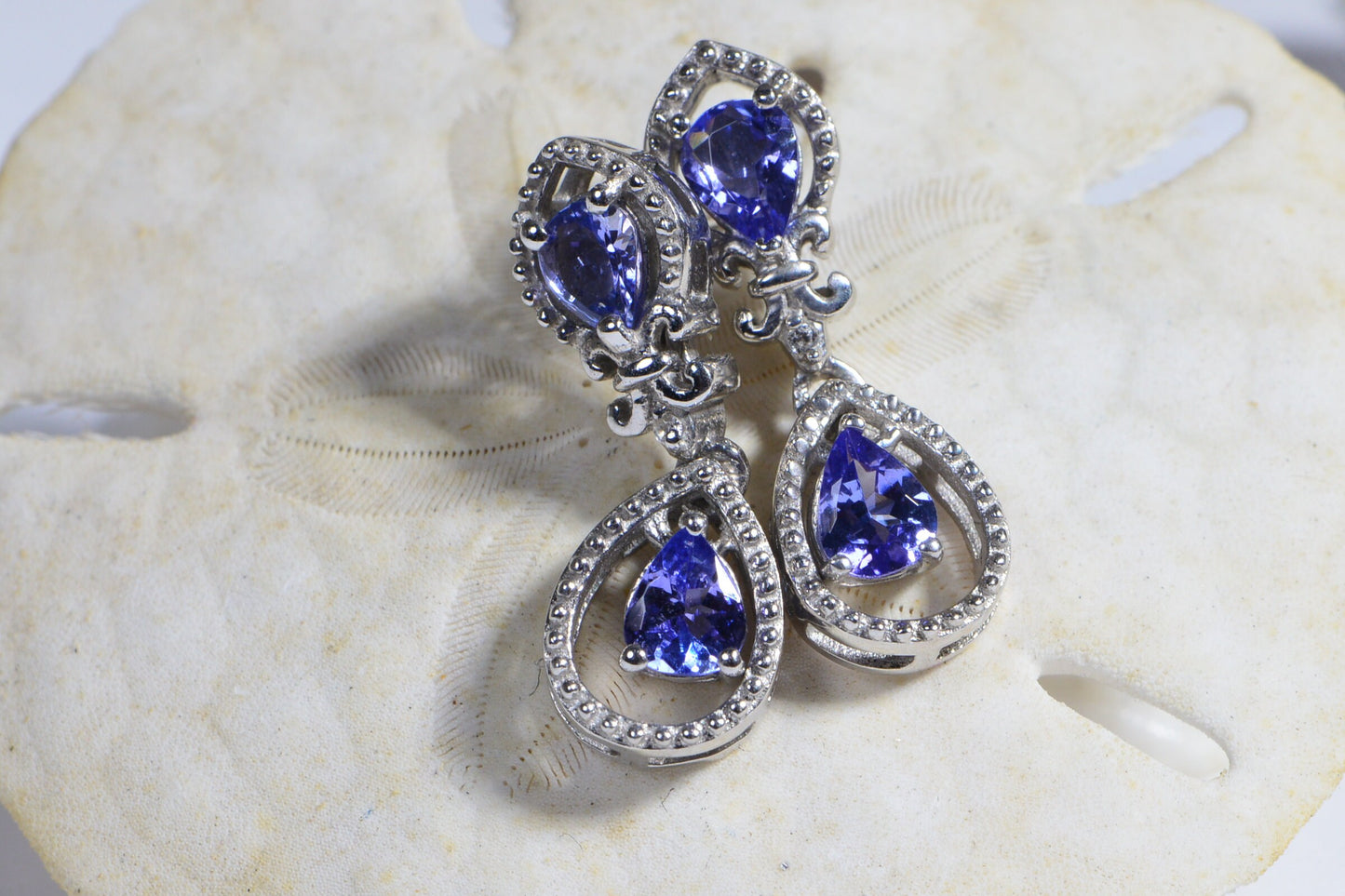 Tanzanite Dangle Earrings, Fleur De Lis Teardrop Studs, December Birthstone