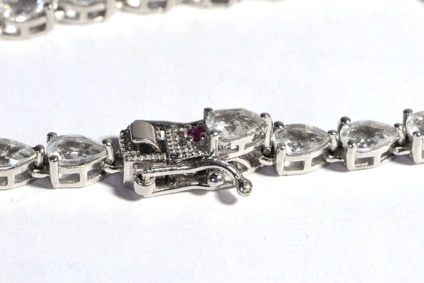 White Topaz Teardrop Bracelet, Sterling Silver Garnet Clasp, 7.25 Inch