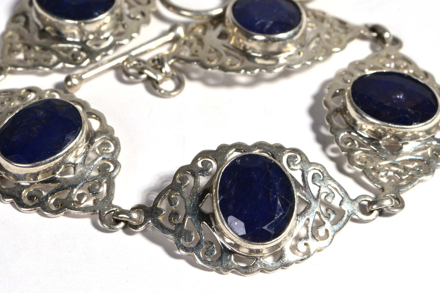 Natural Sapphire Sterling Silver Filigree Link Bracelet