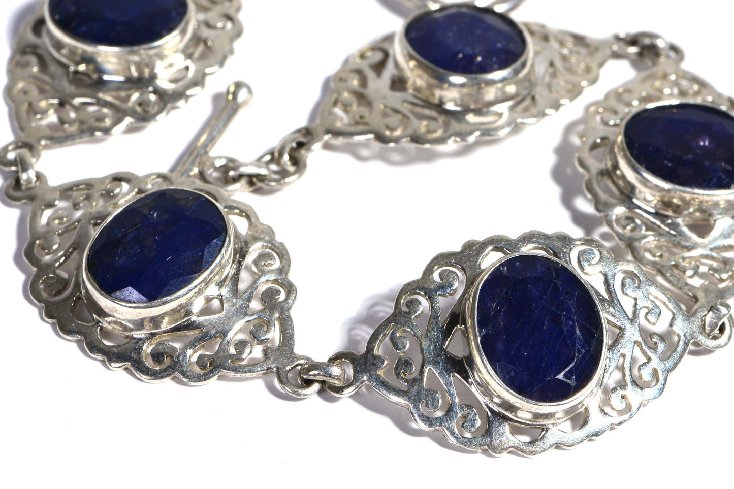 Natural Sapphire Sterling Silver Filigree Link Bracelet