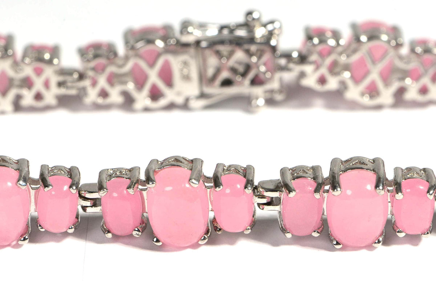 Pink Jade Sterling Silver Tennis Bracelet, Vintage Filigree