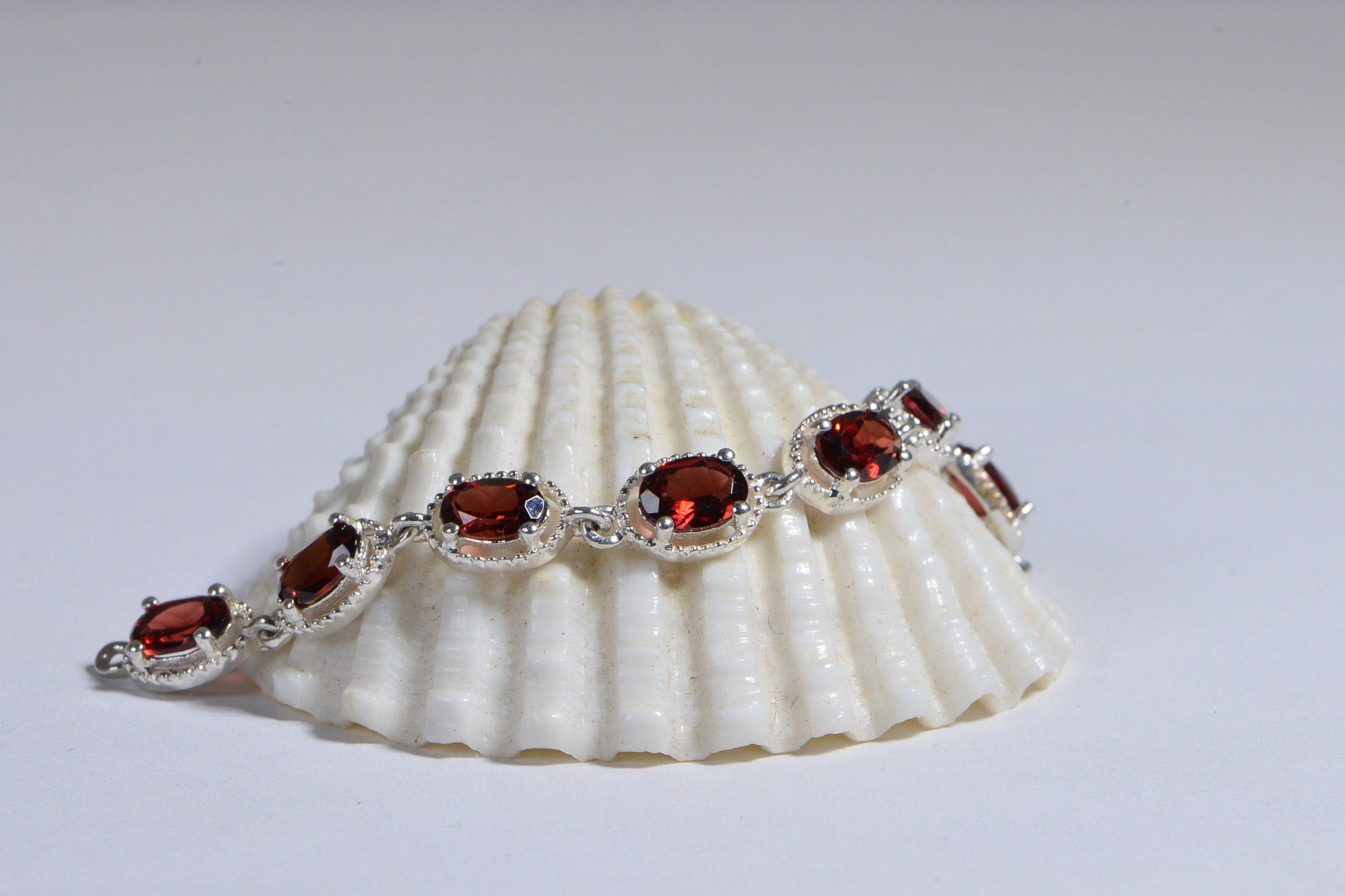 Red Garnet Chain Link For Make Bracelet Sterling Silver Oval Prong Setting connector